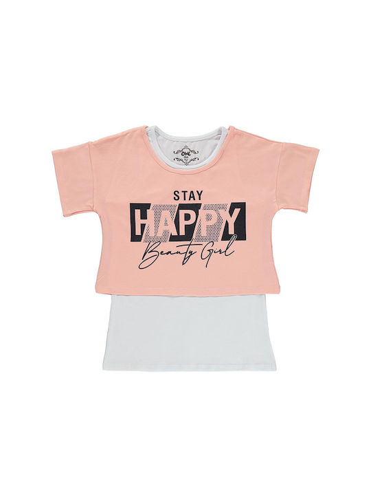 Kids' set of 'STAY HAPPY' salmon shirts for girls (10-14 years old)