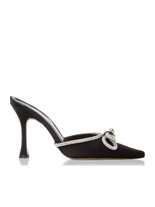 Satin Mules with Thin High Heel in Black Color