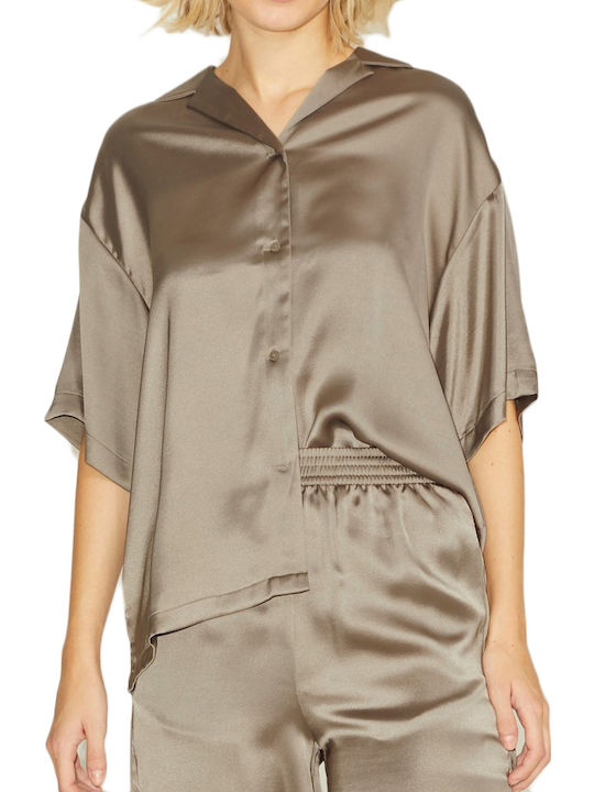 Women's Satin Monochrome Short Sleeve Shirt Beige