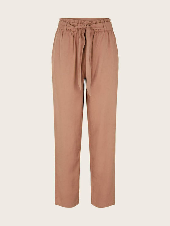 Tom Tailor Women's High-waisted Fabric Trousers with Elastic in Tapered Line Beige