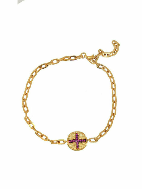 Mertzios.gr Damen Armband Kette mit Design Kreuz aus Silber Vergoldet mit Zirkon