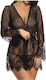 La Lolita Amsterdam Sexy Robe with Lace and Transparency Lace See Through Nightgown with Satin Ribbon Black