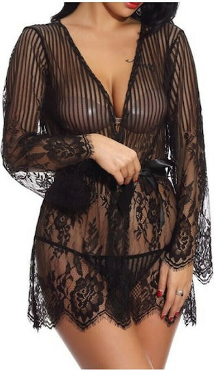 La Lolita Amsterdam Sexy Robe with Lace and Transparency Lace See Through Nightgown with Satin Ribbon Black