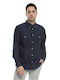 Double Men's Shirt Long Sleeve Linen Navy Blue