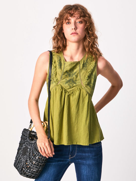 Pepe Jeans Lisle Women's Summer Blouse Cotton Sleeveless Green