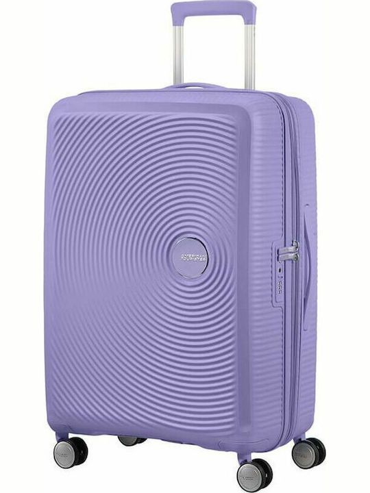 American Tourister Soundbox Spinner Expandable Medium Hard Purple Suitcase With 4 Wheels Height 67cm