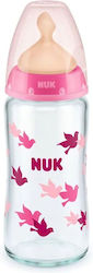 Nuk Glass Bottle First Choice Plus Temperature Control Anti-Colic with Rubber Nipple for 0-6 months Pink Birds 240ml 1pcs