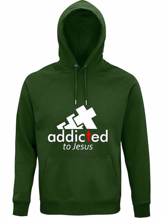 Hoodie Unisex, Bio " Süchtig nach Jesus, Adidas ft Jesus ", Dunkelgrün