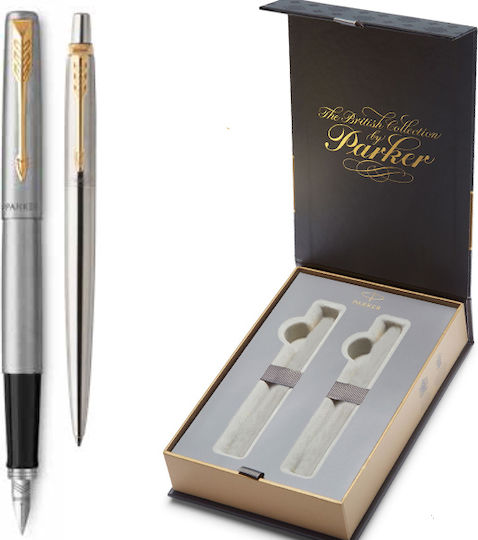 Parker Jotter Pen Set Ballpoint with Fountain Pen made of Steel Silver in a case (in a paper cassette)