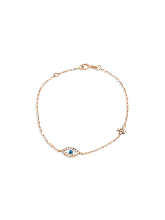 14K Rose Gold double sided bracelet with peephole and cross with cubic zirconia stones