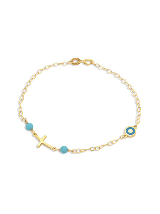 9K Gold children's bracelet with peephole, cross and beads