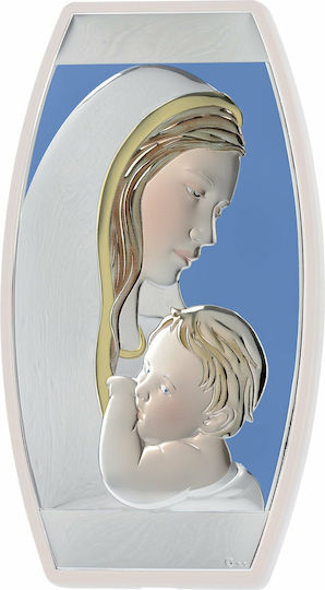 Mertzios.gr Heiligenikone Gottesmutter mit Kind auf Weißem Holz Silber 19x33cm