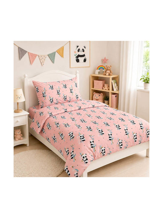 Astron Italy Panda Set Kinderbettbezug Einzel mit Kissenbezug Baumwolle Rosa 165x250cm