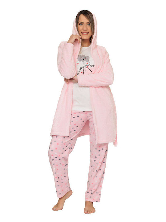 Women's Fleece Pyjama Set with Robe (20031) - Pink