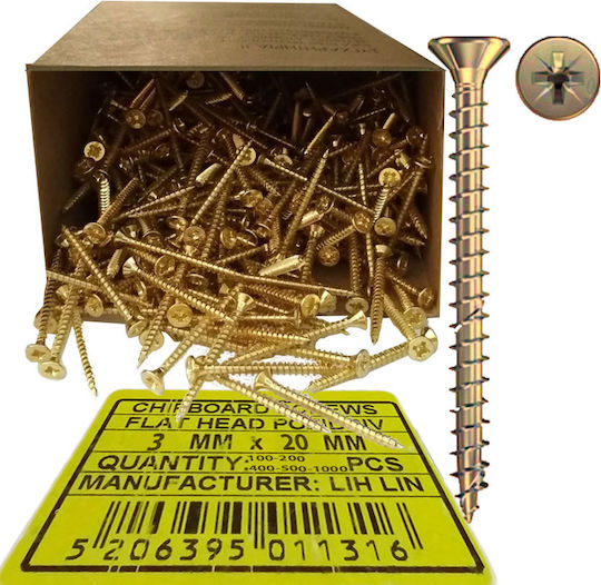 Lih Lin MDF Screw Phillips with Diameter M3 and Length 20mm 100pcs Golden