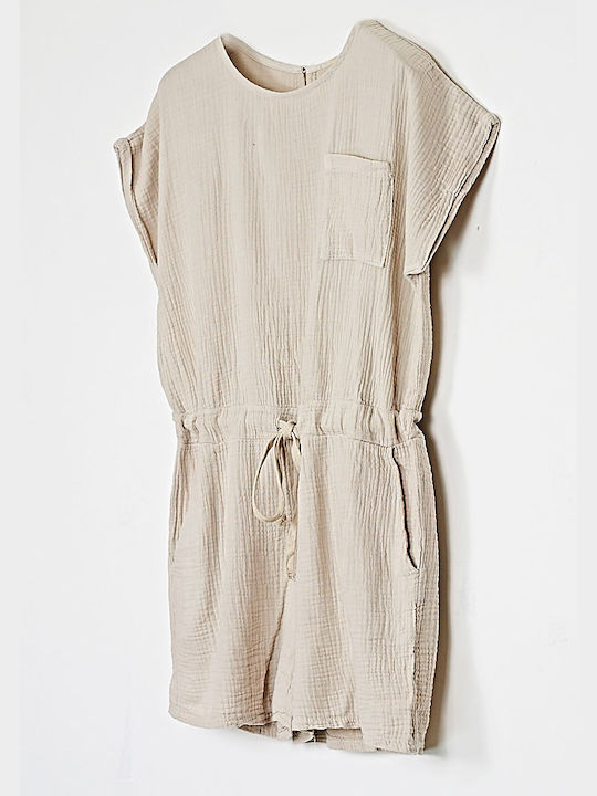 One-piece Jumpsuit Shorts in Sand-colored Cotton Gauze