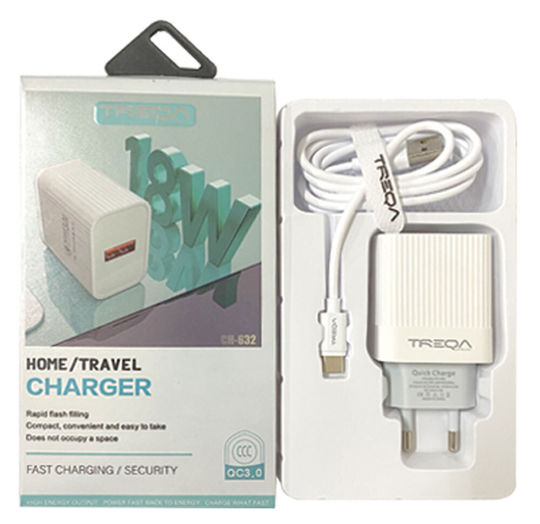 Treqa Ladegerät und Kabel USB-C 18W Schnellaufladung 3.0 Weißs (CS-632)