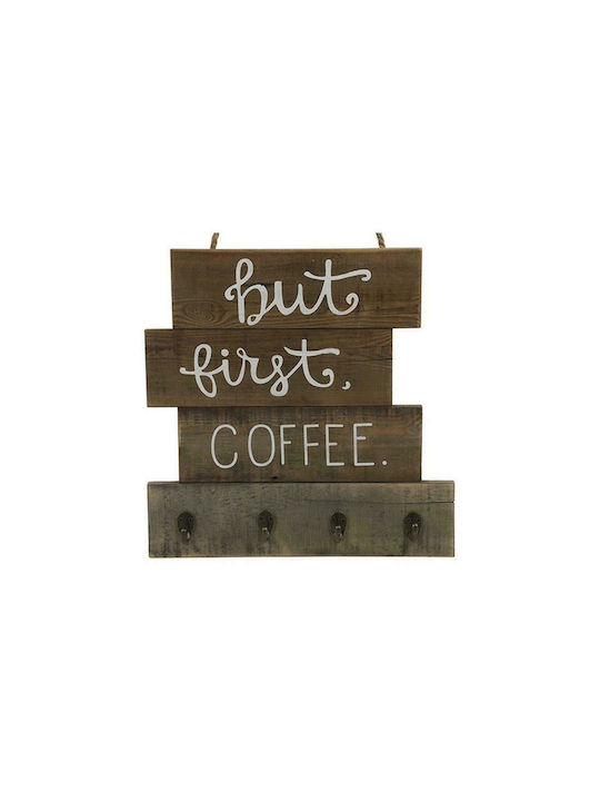 Atmosphera Wall Hanger But First Coffee Wooden 4 Hooks Brown 38x38cm