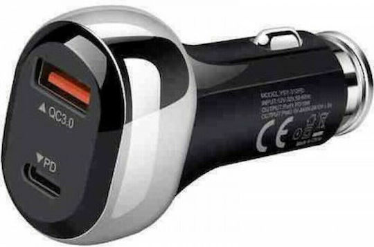 Car Charger 18W With Ports 1xUSB 1xType-C Black Colour