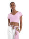 Only Women's Summer Crop Top Cotton Short Sleeve with V Neck Pink