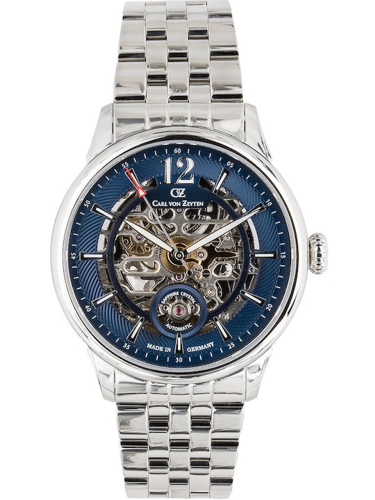 Carl Von Zeyten Schramberg Ανδρικό Ρολόι 43mm Χρονογράφος Αυτόματο με Ασημί Δερμάτινο Λουράκι