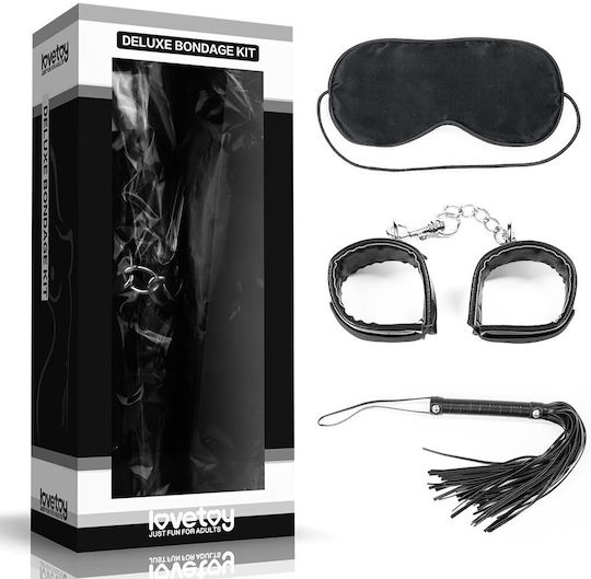 Lovetoy Deluxe Bondage Kit BDSM Kit Blindfold, Cuffs & Whip in Black Color 3pcs