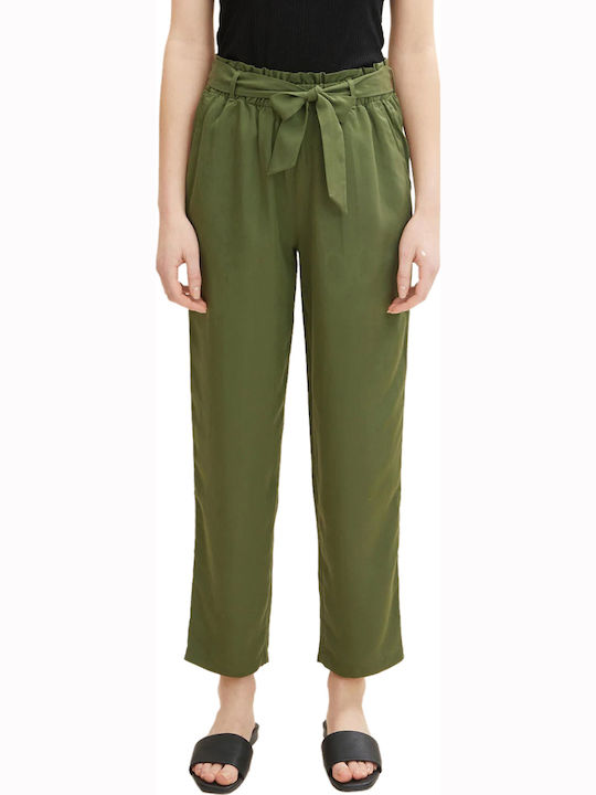 Women's High-waisted Fabric Capri Trousers with Elastic Paperbag Fit Khaki