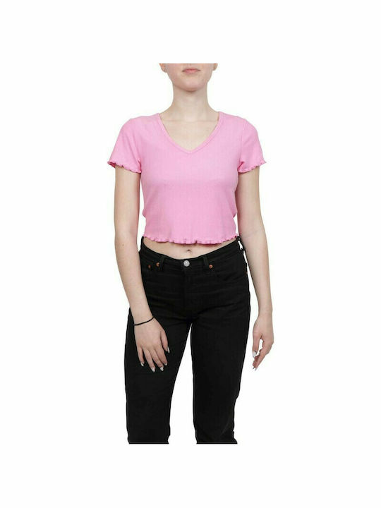 Only Women's Summer Crop Top Short Sleeve with V Neck Sachet Pink