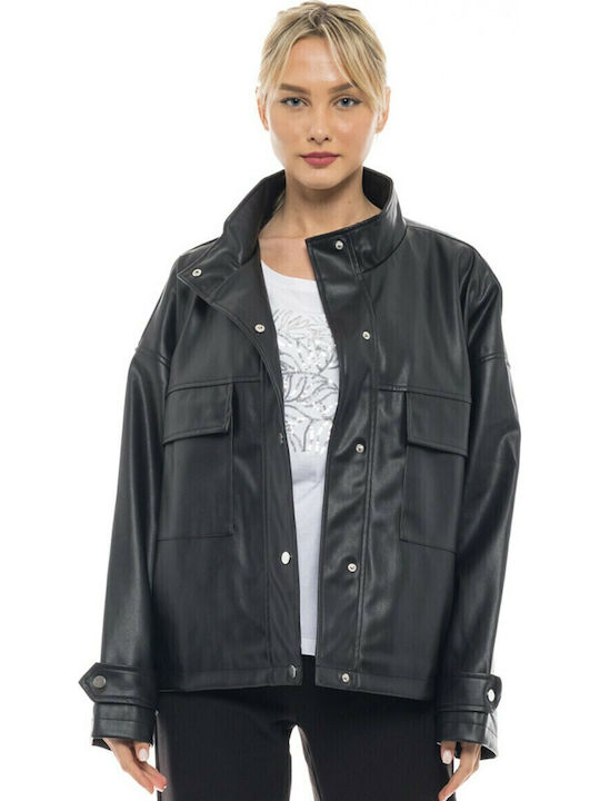 Women's Short Lifestyle Artificial Leather Jacket for Winter Black