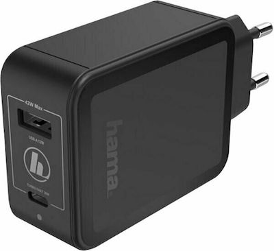 HAMA Φορτιστής Χωρίς Καλώδιο με Θύρα USB-A και Θύρα USB-C 42W Power Delivery / Quick Charge 2.0 / Quick Charge 3.0 Μαύρος (00183321)