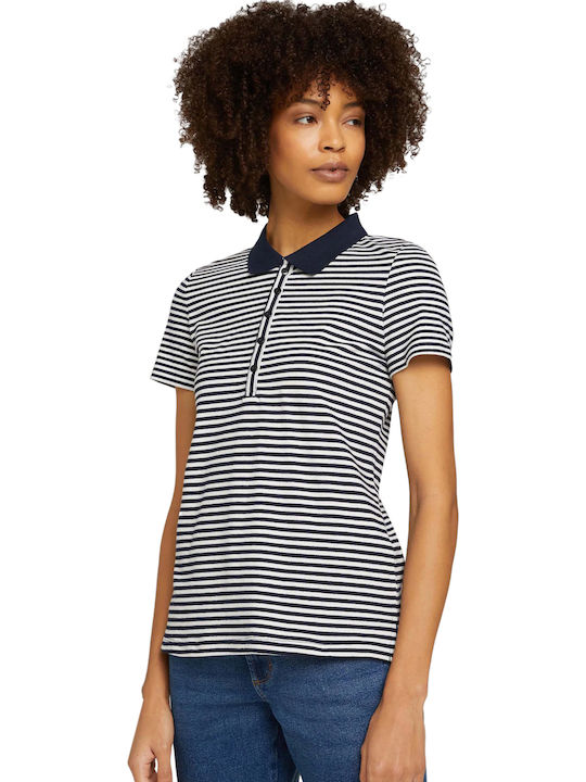 Tom Tailor Women's Polo Blouse Short Sleeve Striped Navy Blue