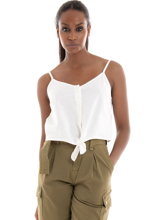 Damen Sommer Crop Top Leinen mit Trägern & V-Ausschnitt Weiß
