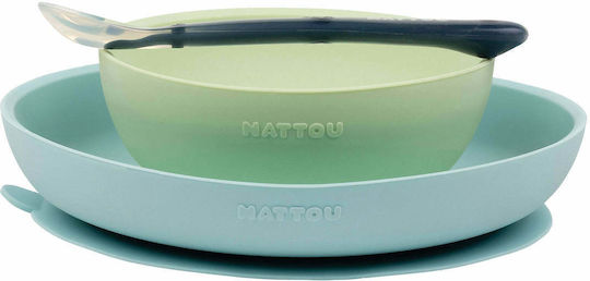Nattou Feeding Set made of Silicone with Non-Slip Base Light Blue 3pcs for 6+ months