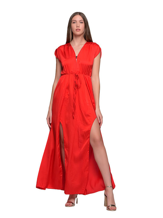 LikeMe Maxi Καλοκαιρινό Βραδινό Σατέν Φόρεμα Κόκκινο