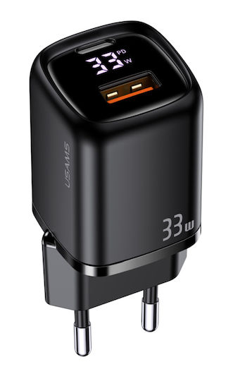 Usams Charger Without Cable with USB-A Port and USB-C Port 33W Power Delivery / Quick Charge 3.0 Blacks (CC152)