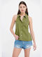 Funky Buddha Women's Linen Monochrome Sleeveless Shirt Khaki