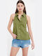 Women's Linen Monochrome Sleeveless Shirt Khaki