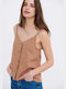 Funky Buddha Women's Summer Blouse Linen with Straps & V Neck Brownie