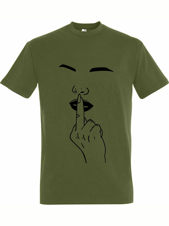 T-shirt Unisex, " Funny Middle Finger Lips Minimal ", Light Army