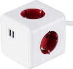 GloboStar PowerCube mit Überspannungsschutz 4 Steckdosen mit 2 Steckplätze USB und Kabel 1.5m Rot