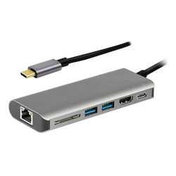 Powertech PTH-069 USB-C Stație de andocare cu HDMI 4K PD Ethernet Gri