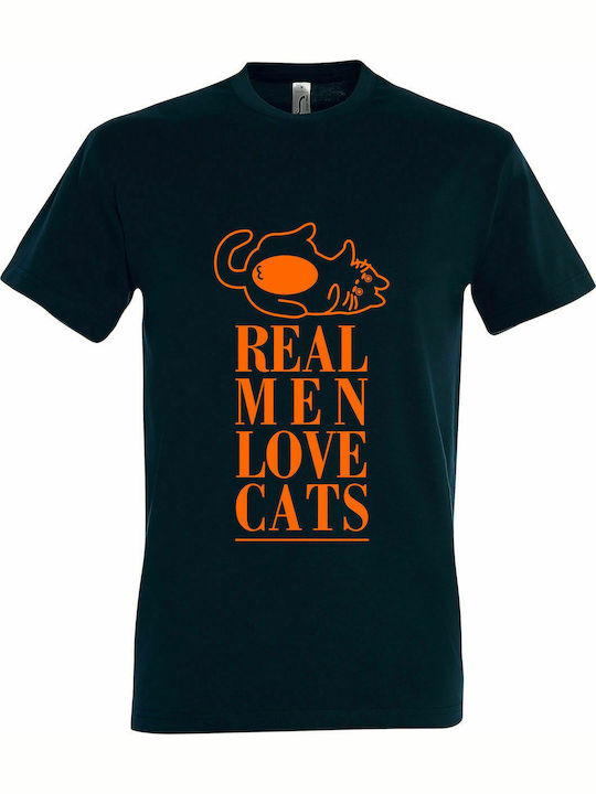 Tricou unisex, " Real Men Love Cats ", albastru petrol