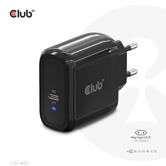 Club3D Φορτιστής Χωρίς Καλώδιο με Θύρα USB-C 65W Power Delivery Μαύρος (CAC-1905EU)