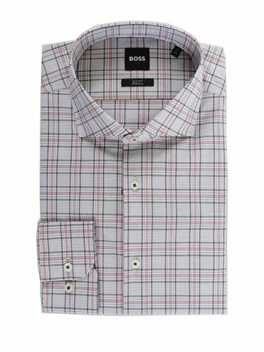 Hugo Boss Men's Shirt Long Sleeve Cotton Checked Gray / Pink