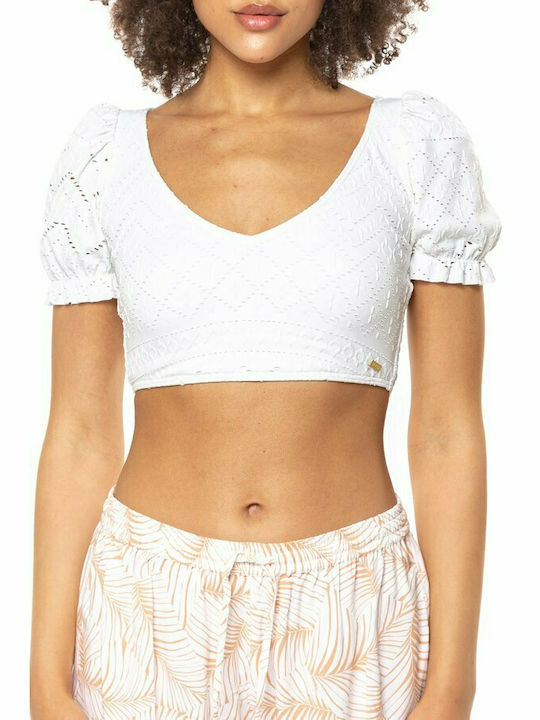 Roxy Sports Bra Bikini Top with Ruffles White