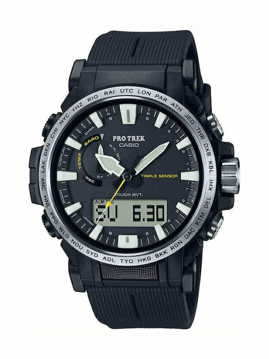 Casio Pro Trek Ανδρικό Ρολόι 47.1mm Χρονογράφος Solar με Μαύρο Καουτσούκ Λουράκι