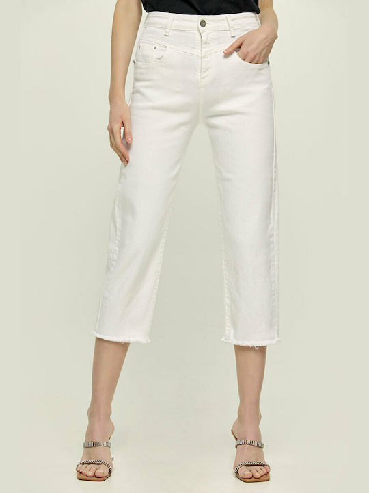 Edward Jeans Ashanti-H Γυναικείο Ψηλόμεσο Υφασμάτινο Capri Παντελόνι σε Slim Εφαρμογή Λευκό