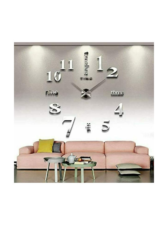 3D Wall Clock Sticker Plastic Silver Ø80cm