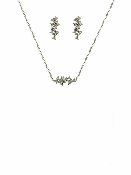 Mertzios.gr White Gold Set Necklace & Earrings with Stones 14K