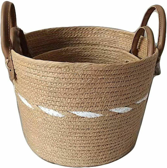 JK Home Decoration Σετ Διακοσμητικά Καλάθια Ψάθινα με Χερούλια Καφέ 2τμχ